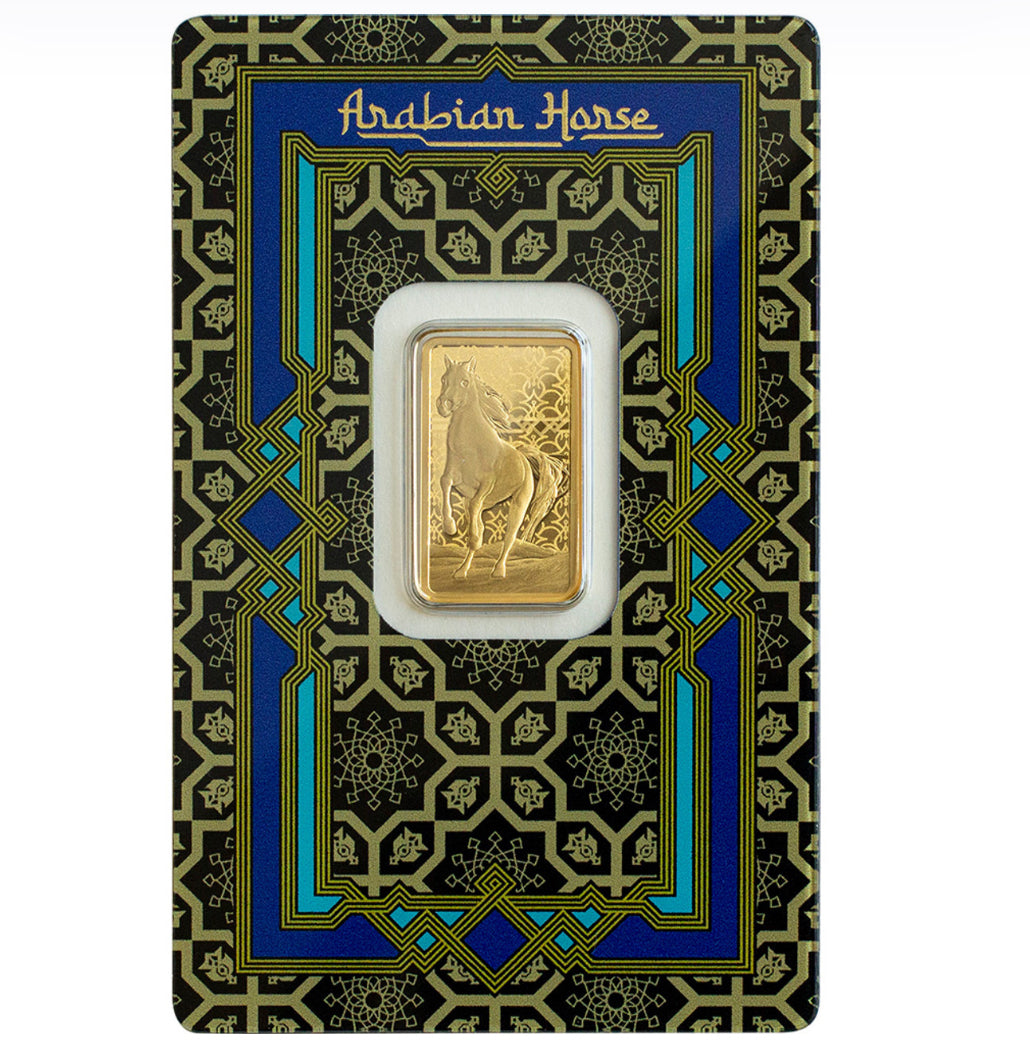 5 gram Gold Bar PAMP Suisse Arabian Horse 999.9 Fine in Assay with Pendant Frame Bundle