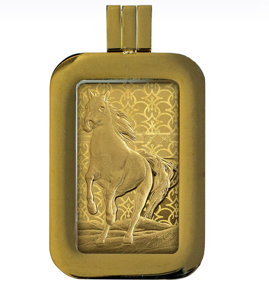 5 gram Gold Bar PAMP Suisse Arabian Horse 999.9 Fine in Assay with Pendant Frame Bundle
